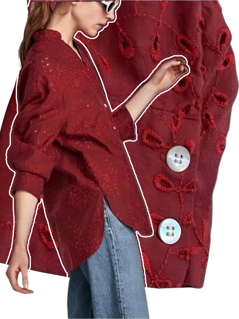 ZARA Burgundy Red Embroidered Eyelet Relaxed V-Neck Button Up Shirt size L
